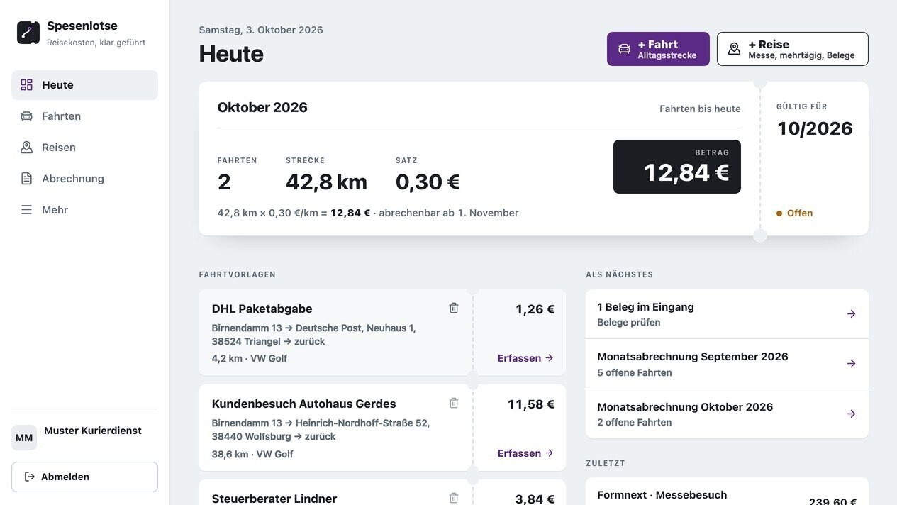 Echte Heute-Ansicht mit Monatsfahrkarte und Fahrtvorlagen, mit Beispieldaten.